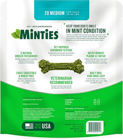 Minties Dental Chews for Dogs, 20 Count, Vet-Recommended Mint-Flavored Treats for Medium Dogs 25-50 lbs, Dental Bones Clean Teeth, Fight Bad Breath, and Removes Plaque and Tartar