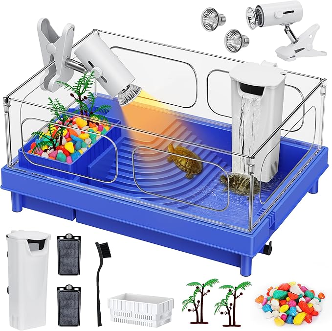 Geegoods Turtle Tank Kit, Blue Small Turtle Tank Starter Kit, Turtle Aquarium with Light, Filter, Colored Rocks, Brush and Small Plant