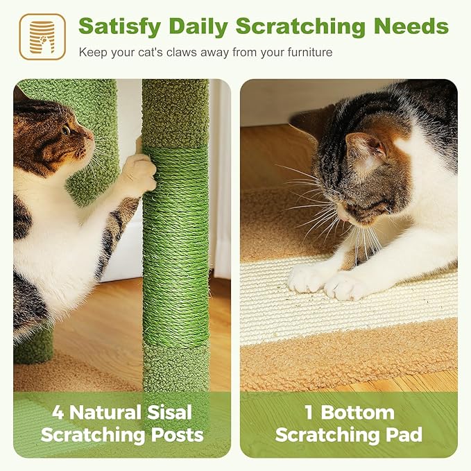 62" Cactus Cat Tree for Indoor Cats, Multi-Level Cat Tower with 2 Spacious Condos, Dual Top Perches, Scratching Pad, 4 Scratching Posts, 2 Pompoms, Green