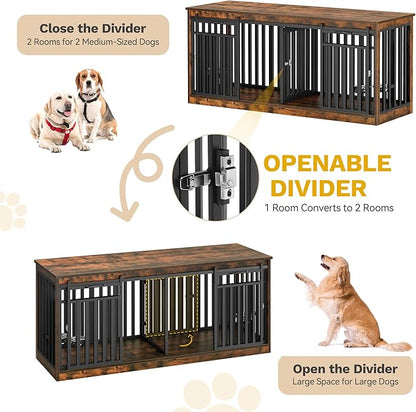 DWVO 71" Double Dog Crate Furniture for 2 Medium Dogs, Heavy Duty Wood Dual Dog Kennel TV Stand with Sliding Doors, Decorative Wooden 2 Dog Cage Table with Dog Bowls for Extra Large Dogs Rustic Brown
