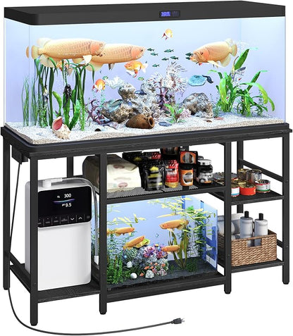 55-75 Gallon Fish Tank Stand with Power Outlet, 3-Tier Metal Frame Aquarium Stand, Heavy Duty Reptile Terrarium Tank Stand, 52.0" L x 19.7" W x 29.9" H, 800 LBS Capacity, Black FTBK55E01