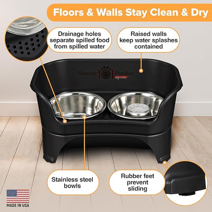 Neater Feeder - Express Model w/ Slow Feed Bowl - Mess-Proof Dog Bowls (M/L, Black) Made in USA – Elevated, No Spill, Non-Tip, Non-Slip, Raised Stainless Steel Food/Water Pet Bowls Aid Digestion