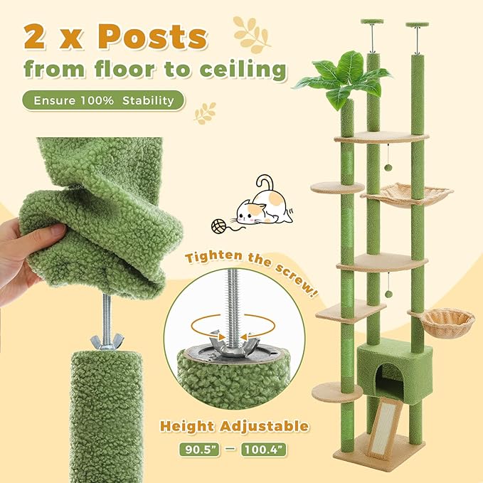 PETEPELA Floor to Ceiling Cat Tree, Adjustable 90.5''-100.4'' Cat Tower Cactus Climbing Tree with Scratching Posts, Spacious Condo and Large Hammock for Indoor Cats Large Adult, Green