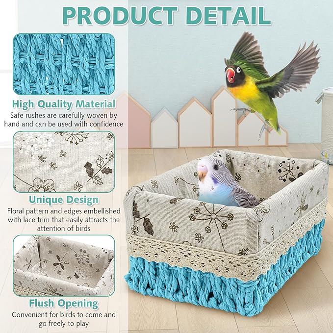 kathson Bird Nest Parrot House Birds Sleeping Bed Straw Weave All Season Hanging Hammock Bird Bed Snuggle Hut Birdcage Accessories for Parakeets Budgies Cockatiels Conures Quaker Parrot(Blue)