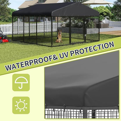 10x10x6 FT Outdoor Dog Kennel Steel Ideal Dog Fence for Medium/Small Dogs Anti-Rust Coating Cage with Roof All Weather Resistant Dog House with Double Locks (118" W x 118" D x 72.5" H)
