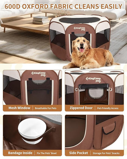 KingCamp Dog Playpen, Portable Foldable Cat Kitten Puppy Tent Crates 29"/36"/50" Pop Up Pet Playpen with Zippered Bottom & Cover for Indoor Outdoor Use (Small, Khaki)