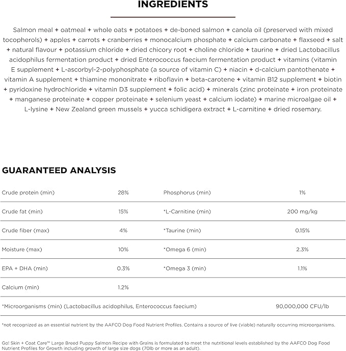 Go! Solutions Skin + Coat Care, Dry Dog Food, Large Breed Puppy Salmon Recipe with Grains, 12 lb Bag
