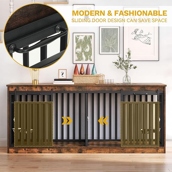 DWVO 71" Double Dog Crate Furniture for 2 Medium Dogs, Heavy Duty Wood Dual Dog Kennel TV Stand with Sliding Doors, Decorative Wooden 2 Dog Cage Table with Dog Bowls for Extra Large Dogs Rustic Brown