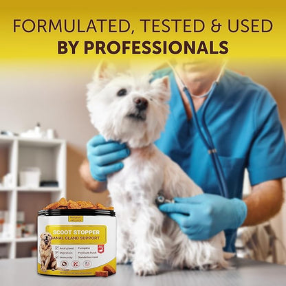Scoot Stopper Dog Soft Chews w/Fiber - Stool Hardener for Anal Gland Treatment, Digestion Support -180 Tasty Treats w/Natural Flaxseed, Pumpkin and Psyllium Husk for Dog Comfort