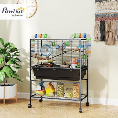 PawHut Large Hamster Cage with Deep Tray, 3 Tier Rolling Rat Cage with Storage Shelf, Big Exercise Wheel, Tube System, Hut, Platforms, Ramps, Food Dish, Water Bottle, for Syrian, Gerbil, Mouse