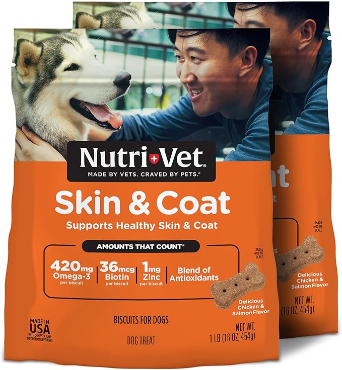 Nutri-Vet Skin & Coat Biscuits for Dogs, Tasty Dog Treat, Skin and Coat Supplement, Omega 3 Fish Oil, Small Sized Biscuit, Made with Omega 3 and Biotin, Fish Oil Treat for Pets, 16 oz(Pack of 2)