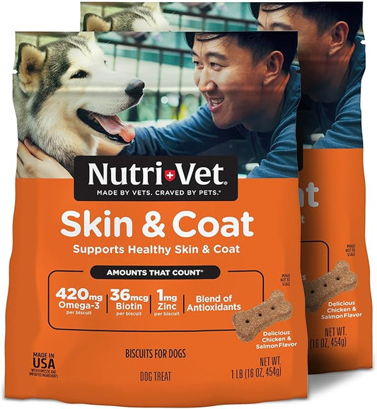Nutri-Vet Skin & Coat Biscuits for Dogs, Tasty Dog Treat, Skin and Coat Supplement, Omega 3 Fish Oil, Small Sized Biscuit, Made with Omega 3 and Biotin, Fish Oil Treat for Pets, 16 oz(Pack of 2)