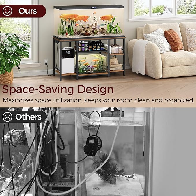 55-75 Gallon Fish Tank Stand with Power Outlet, 3-Tier Metal Frame Aquarium Stand, Heavy Duty Reptile Terrarium Tank Stand, 52.0"L x 19.7"W x 29.9"H, 800 LBS Capacity, Rustic Brown FTHR55E01