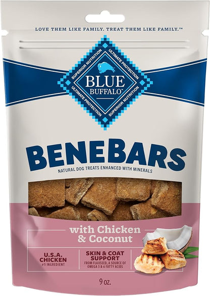 Blue Buffalo BeneBars Skin & Coat Support Dog Treats with Omega 3 & 6 Fatty Acids, Made with Natural Ingredients, USA Chicken & Coconut, 9-oz. Bag