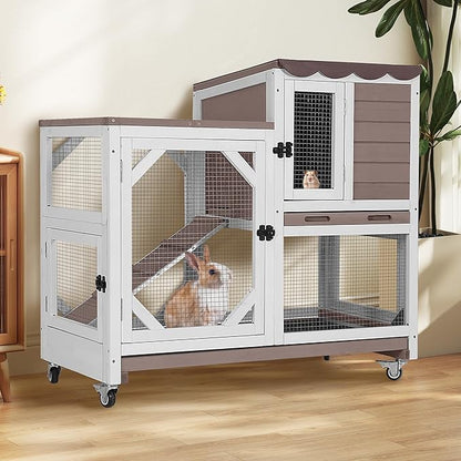 Rabbit Hutch 2-Story Wooden Bunny Cage with 2 Leak-Proof Sliding Trays, Chew-Proof Metal Mesh, Rainproof Cover, Indoor & Outdoor Guinea Pig House with Wheels - Brown