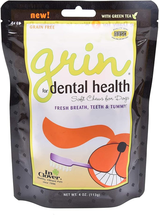 Grin Daily Dental Care Chews for Dogs, Grain Free Formula for Clean Teeth and Fresh Breath, Scientifically Formulated, Stop Plaque and Tartar with Antibacterials and Prebiotics, 4oz/25ct