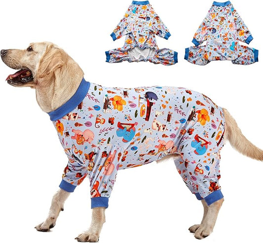 LovinPet Pajamas for Big Dogs, Pet Anxiety Relief, Sun Protection Dog Pajamas, Lightweight Stretchy Knit Fabric, Woodland Musicians Print, PJ's for Dogs, Stop Shedding for Dogs, Pet PJ's, XL