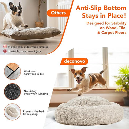 Deconovo Calming Donut Dog Bed, Washable Plush Round Pet Bed for Small Dogs & Cats with Raised Rim, Non-Slip Base and Soft Faux Fur—Lightweight, Easy-Care Design Camel 37" L x 37" W x 8" Th