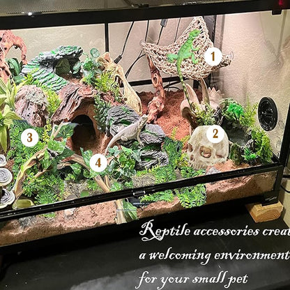 kathson Reptile Habitat Skull Decoration Bearded Dragon Tank Accessories Resin Human Skulls Hide Cave Hanging Vines Plant for Lizards Tortoise Snake Chameleon Spider Reptiles Amphibians(4 PCS)