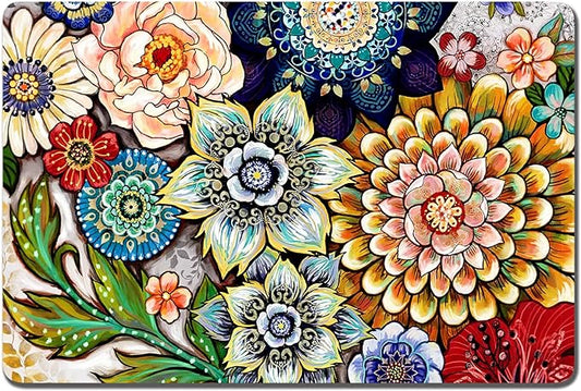 Rnivvi Dog Food Mat, 12" x 19" Flower Absorbent Dog Cat Bowl Mat for Food and Water, 3MM Anti-Slip Rubber Pet Feeding Rug Protect Floors, Puppy Placemat for Feeding & Watering Supplies, Mandala Floral