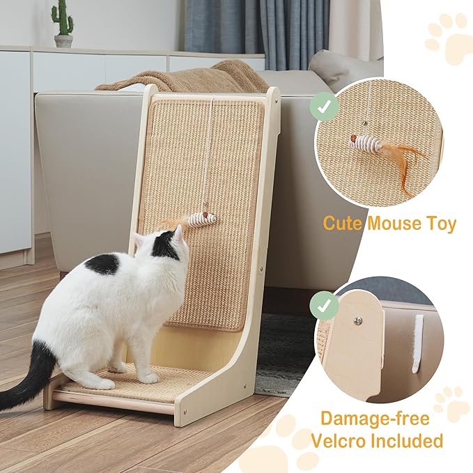 105° Cat Scratcher, L-Shaped Sisal Cat Scratching Pad for Indoor Cats, Floor-Mounted Scratch Board with Catnip & Interactive Mouse Toy