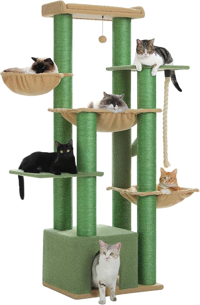 XXL Cactus Cat Tree, 67" Heavy Duty Cat Tower for Indoor Cats Large Adult with 13 Thick Scratching Posts (φ4.3), Large Perch, Spacious Condo & Big Hammock - for Maine Coon up to 20 lbs, Green