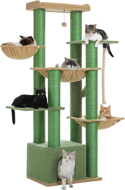 XXL Cactus Cat Tree, 67" Heavy Duty Cat Tower for Indoor Cats Large Adult with 13 Thick Scratching Posts (φ4.3), Large Perch, Spacious Condo & Big Hammock - for Maine Coon up to 20 lbs, Green