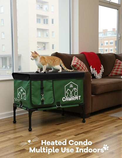 Outdoor Heated Cat House, Detachable Feral Cats House with Open Window, Weatherproof in Winter, Cat Shelter with Pet Heating Pad (Green, Medium)