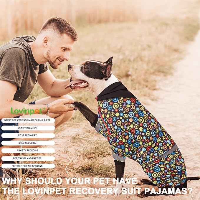 LovinPet Large Big Dog Onesies, Wound Care/Post Surgery Dog Shirt, Stop Shedding for Dogs, Pet Anxiety Relief Pajamas, PJ's for Dogs, Reflective Stripe, Gears and Black Print, Pet PJ's, XL