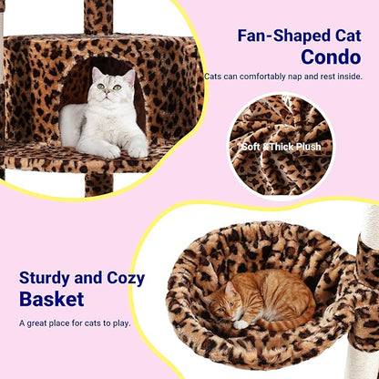 Allewie 73in Fan-Shaped Space-Saving Corner Cat Tower/Multi-Level Tall Cat Tree for Indoor Kitties/Cozy Baskets/Condos/House/Perches/Sisal Scratching Posts/Pet Activity Center/Leopard Print