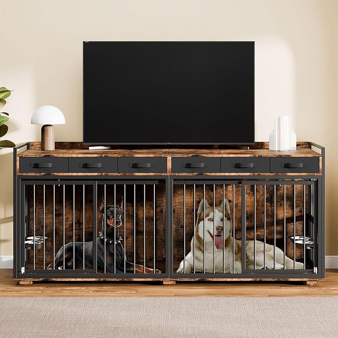 86.6" Double Dog Crate Furniture for Large Breeds,Metal Frame Heavy Duty Chew-Resistant Dog Crate Kennel for 2 Dogs with Adjustable Feeder Bowls/Removable Divider/6 Drawers,Rustic Brown