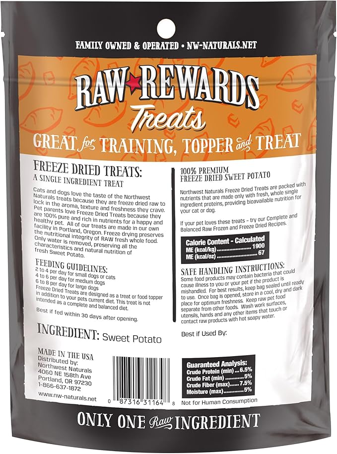 Northwest Naturals Raw Rewards Freeze-Dried Sweet Potato Treats for Dogs and Cats - Bite-Sized Pieces - Healthy, 1 Ingredient, Human Grade Ingredients, All Natural, Made in USA, 2 Oz (Pack of 3)