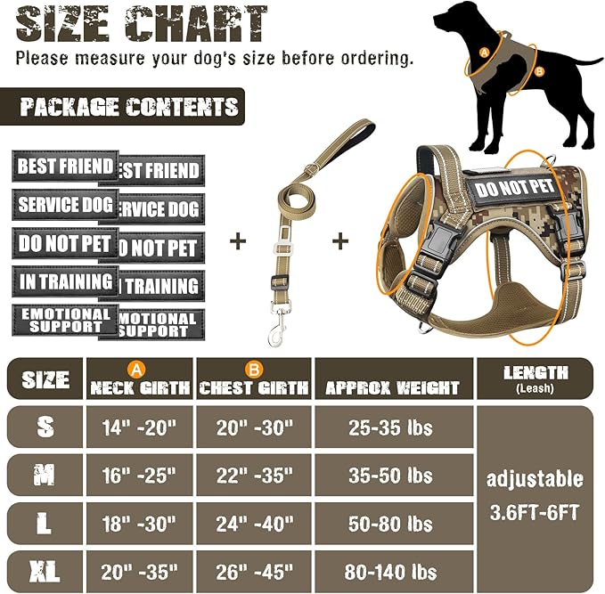 Tactical Dog Harness and Leash Set for Large Dogs,Heavy Duty No Pull Service Dog Vest and 10 Patches with Dog Seat Belt,Reflective Adjustable Pet Harness for Training Walking Hiking Camo XL