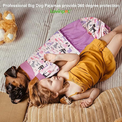 LovinPet Long Sleeve Onesie for Large Dogs, High Collar Cotton Dog Shirt, Anti-Shedding, Lightweight Stretchy Knit, Stop Shedding for Dogs, Pink Puppy Print, Shirt for Under Dog Dresses, Pet PJ's, M