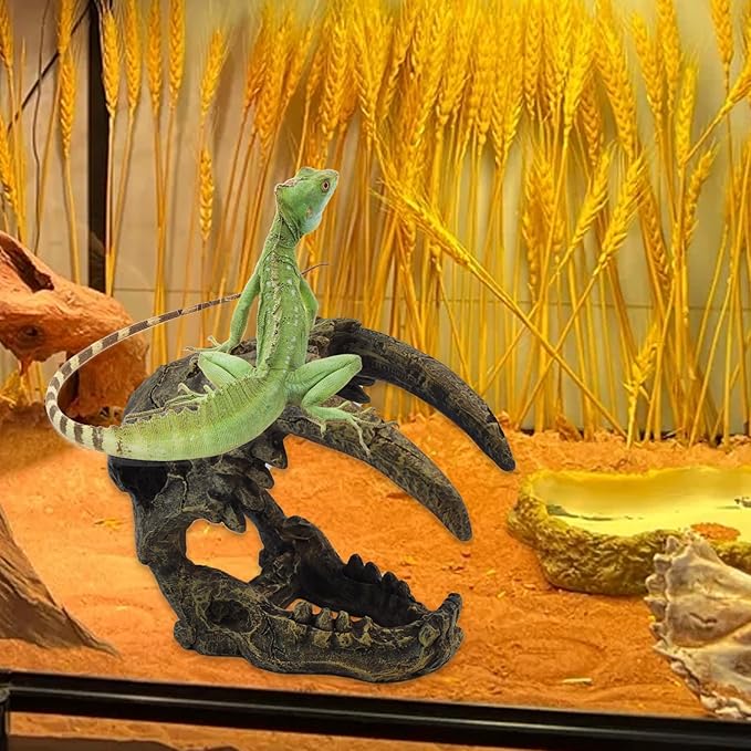 kathson Resin Sabertooth Tiger Skull Bearded Dragon Hideout Skull Reptile Jungle Climbing Vine Flexible Leaves Decor for Small Animals Leopard Gecko Lizard Chameleon Spider