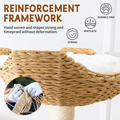 Large Cat Tree for Multiple Cats - Natural Wood Cat Tower with Extra Thick Scratching Posts, Modern Cat House & Condo | Unique Flower Perch Design, Sturdy Cat Furniture Supplies (61+in)