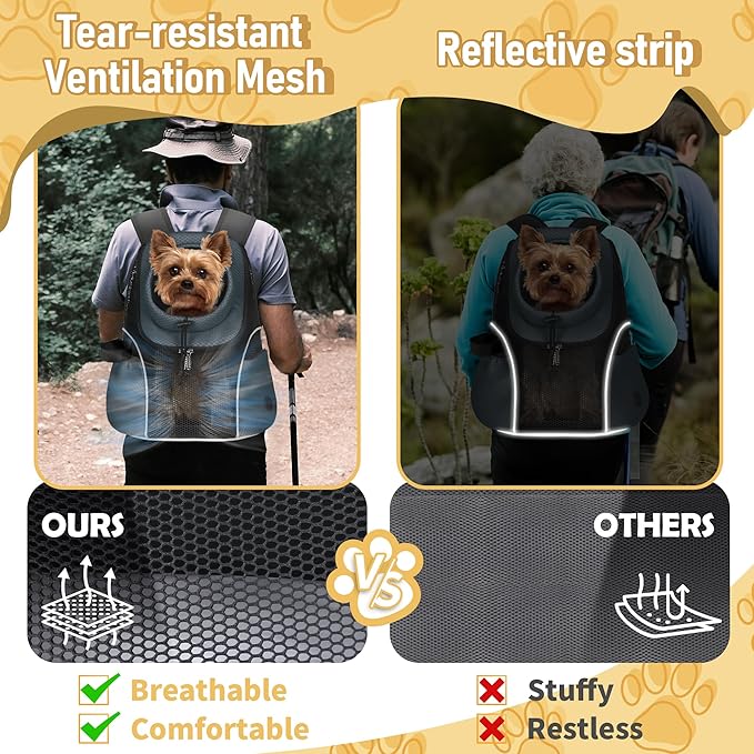 WOYYHO Pet Dog Carrier Backpack Small Dog Front Backpack Ventilated Mesh Dog Travel Back Pack with Safety Belt for Travel Hiking Cycling Outdoor Adventures (Size L: 10-14 lbs, Dark Gray)
