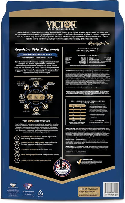 VICTOR Super Premium Dog Food — Sensitive Skin and Stomach — Beef Meal & Brown Rice Recipe Dry Kibble — Gluten Free, No Chicken, Ideal for Dogs with Allergies — Adult and Puppy Food, 30 lb