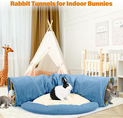 BWOGUE Bunny Tunnel Bed, 2-in-1 Collapsible Tunnel Tubes Toys with Removable Mat Hideout for Cats Kittens Rabbits Guinea Pigs Kitty