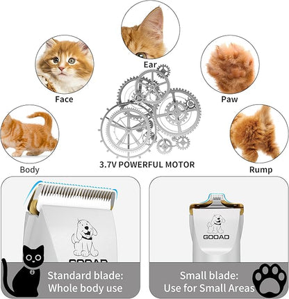 Goood Cat Clippers for Matted & Long Hair, Low Noise Paw Trimmer, Quiet Pet Hair Clippers (White)