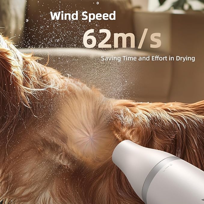 Dog Dryer Handheld Pet Hair Dryer: 3HP High-Velocity Blower with 3 Speeds & 4 Temps Lightweight, Quiet Design. Portable Blow for Travel & Home Grooming. Includes 3 Nozzles (White).
