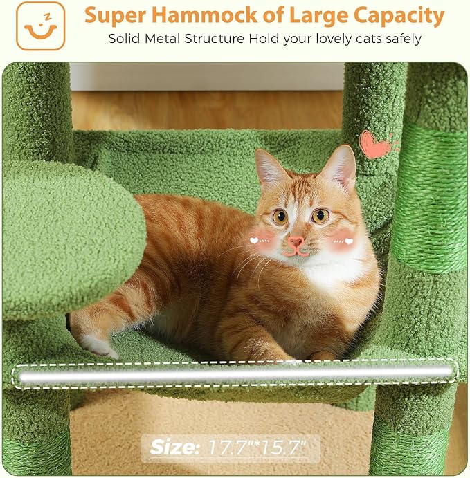 PEQULTI 45.7'' Cactus Cat Tree for Indoor Cats with Metal Frame Big Hammock, Cat Tower for Small or Medium Cats with Cat Condo House, with Scratching Posts and Top Perch, Green