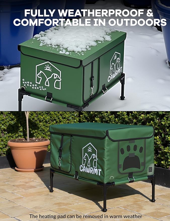 Outdoor Heated Cat House, Detachable Feral Cats House with Open Window, Weatherproof in Winter, Cat Shelter with Pet Heating Pad (Green, Medium)