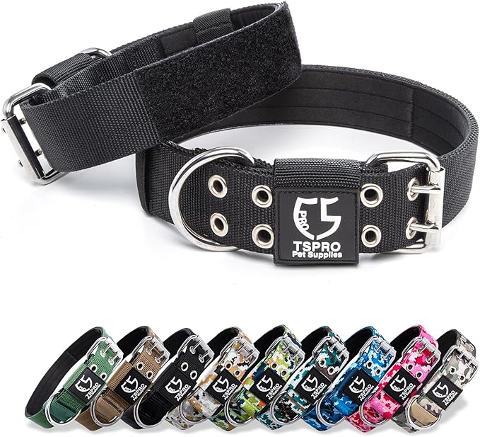 TSPRO Tactical Dog Collar, Adjustable, with Patch & Double Needle Metal Buckle, Heavy Duty for Large to Extra Large Dogs, Durable for Walking, Running, Hiking & Training (Black L-XL)