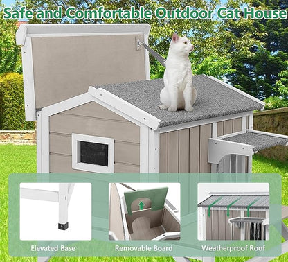 Cat House Outdoor Weatherproof Cat Shelter for Outside Ferals Cats with Waterproof Openable Roof & 8.3" Platform, Balcony Wooden Pet Houses for 1-3 Small Animals