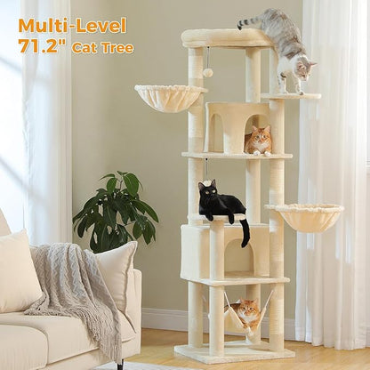 Tall Cat Tree for Indoor Cats Large Adult, 71.2" Multi-Level Cat Tower with 2 Spacious Condos, 3 Hammocks, Super Large Top Perch, 2 Pompoms, Beige