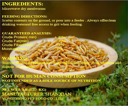 5lb Dried mealworms - High Protein, Pure Natural, Delicious - Ideal for Chickens, Birds, Ducks, Lizards, Turtles, Fish, and Reptiles, 5lb Meal Worms