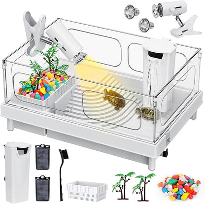 Geegoods Turtle Tank Kit - Starter Aquarium with Light, Filter, Colored Rocks, Brush, Plant for Turtles, Crabs, Crayfish, Small Reptiles