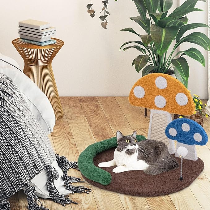 Tangkula Mushroom Cat Bed, Cat Claw Scratcher with Wide Large Platform, Sisal Scratching Panel, Spring Ball, PP Cotton Padded Headrest, Cat Tree House with Interactive Toys for Kittens