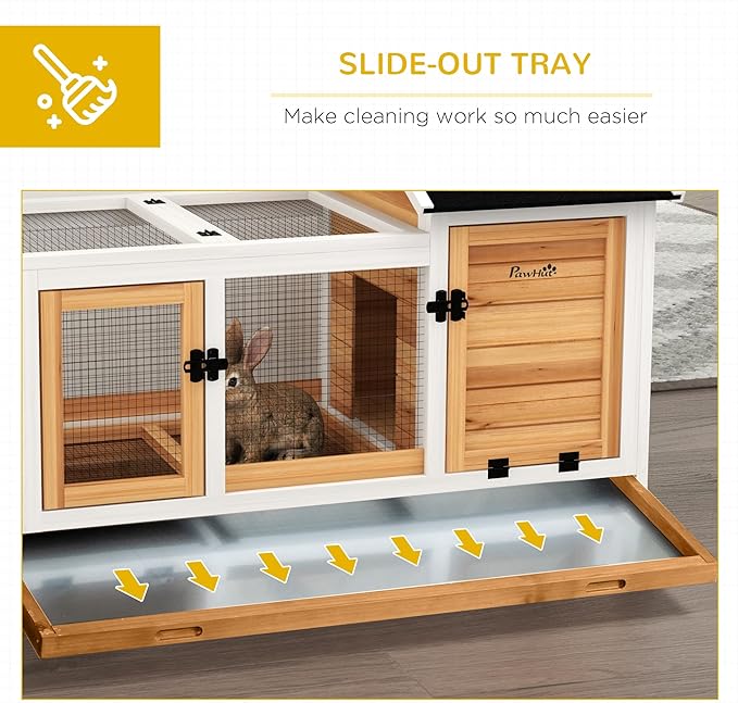 PawHut Indoor Outdoor Wooden Rabbit Hutch with Wheels, Large Bunny Hutch with Run & Slide-Out Tray for Small Animals, Guinea Pig, Yellow